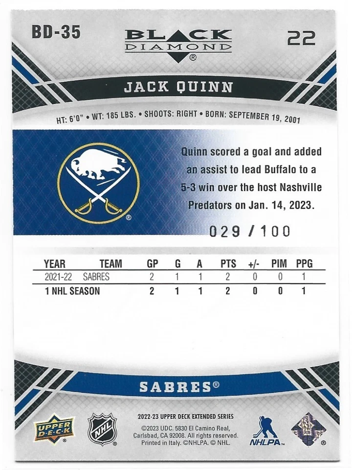 2022-23 Upper Deck Jack Quinn '06-07 Black Diamond Retro Ruby #BD35 029/100 - Image 2 of 4