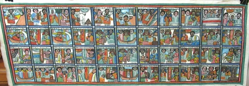 ESCENA DEL PUEBLO ETÍOPE ACRÍLICO SOBRE TELA DE CERA PINTURA FIRMADA  Foto 2 de 4