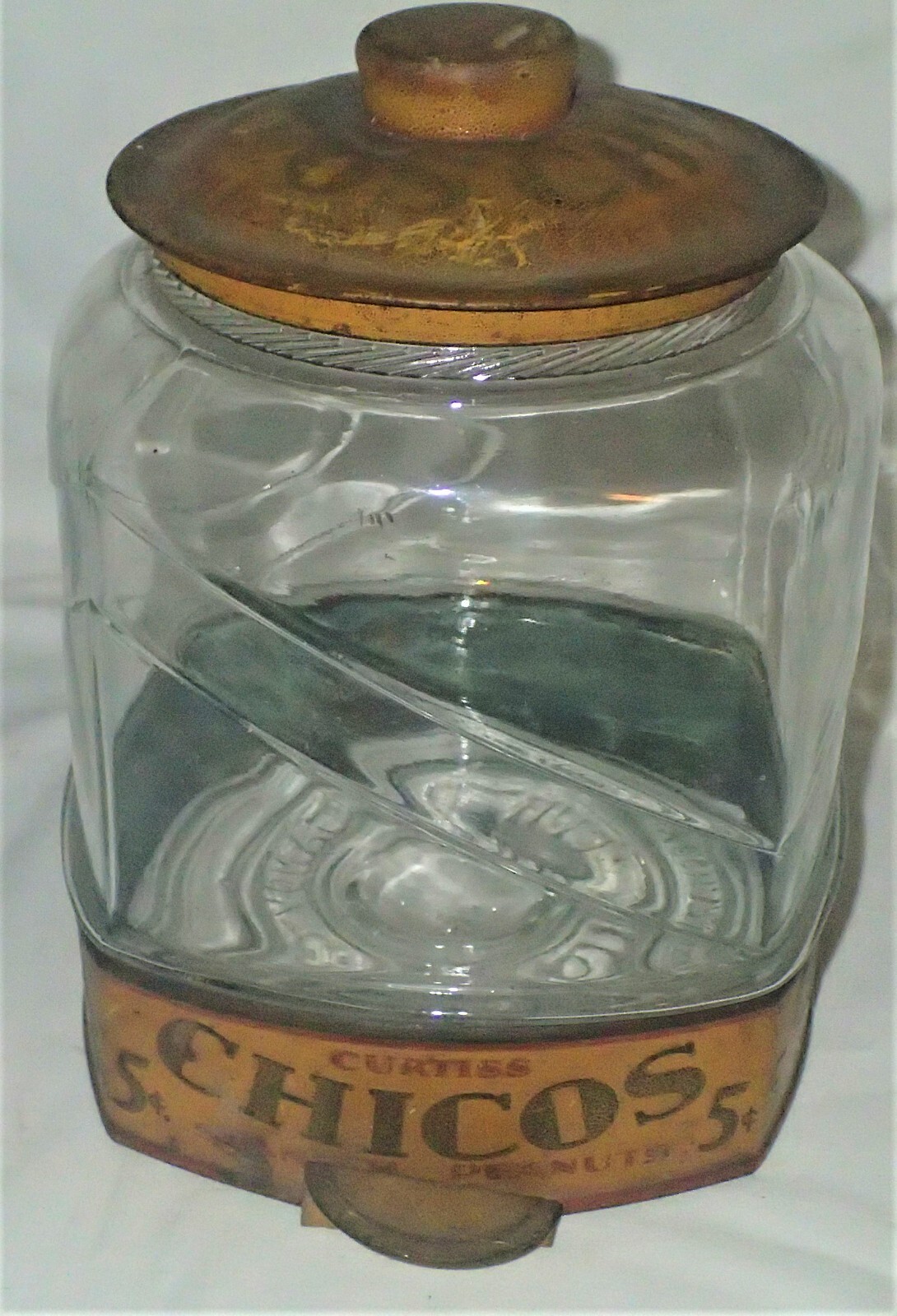 ANTIQUE CURTISS CANDY CO CHICO'S 5 CENT SPANISH PEANUTS GLASS JAR METAL ...
