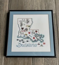 Completed & Framed Sue Hills- Louisiana State Cross Stitch 12" x 12" Picture