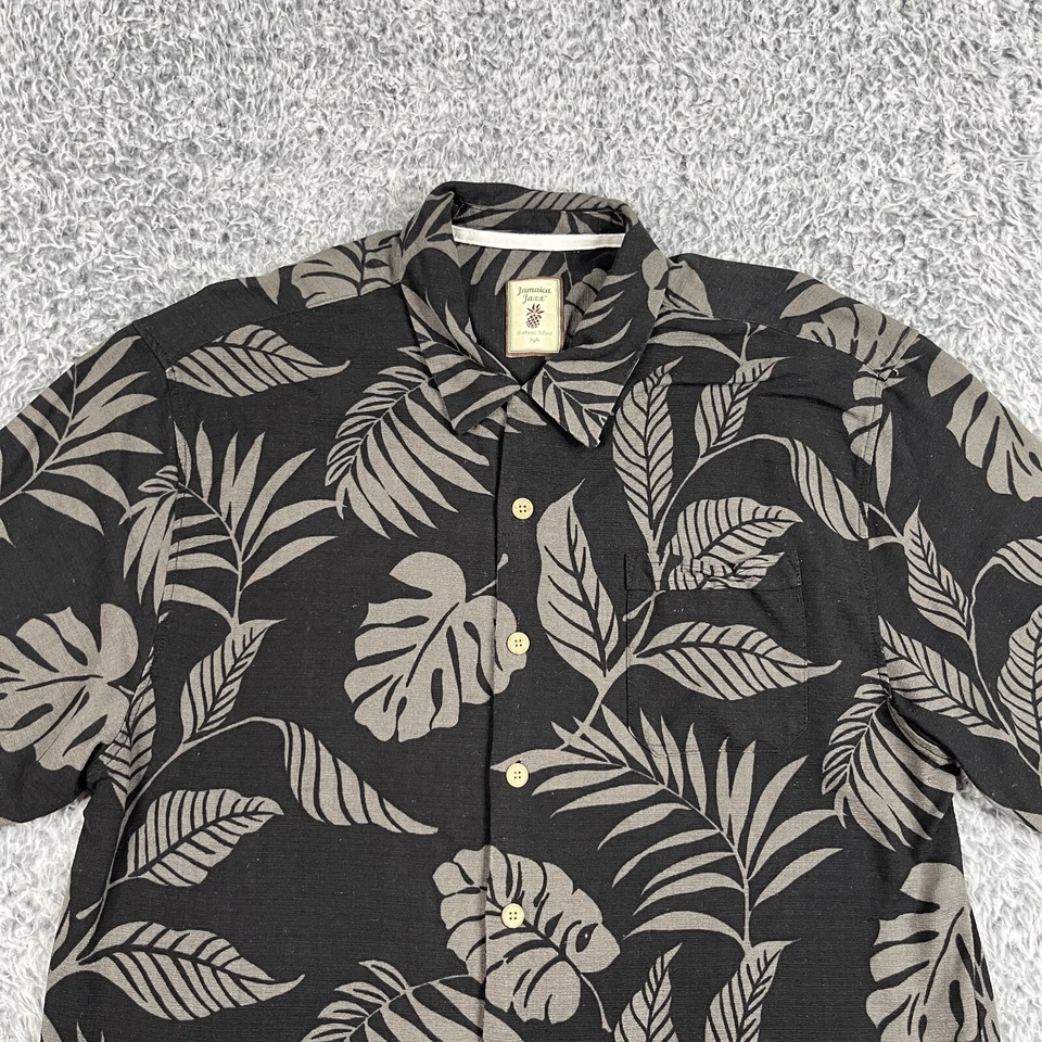 Camisa Jamaicana Jaxx Seda Para Hombres Grande Negra Campamento Hawaiano Floral Hoja Tropical Foto 2 de 4