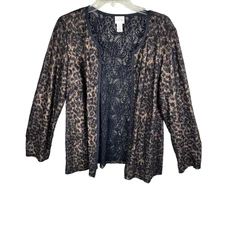 chico's jacquard leopard print lace jacket Size 2 Large Brown Black Open