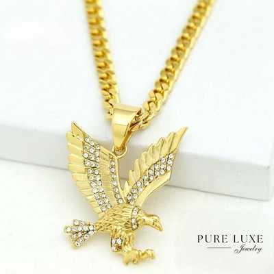 Men's 24''Stainless Steel,Gold.EAGLE,CZ Pendant,Miami Cuban Chain*Box