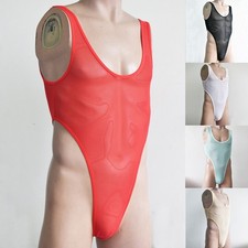 Mens Stretchy Thong Bodysuit Underwear See Through Sleeveless Leotard Jumpsuit