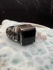Vintage 925 Sterling Silver Square Cut Black Onyx Gothic Accents Ring Size 8.75