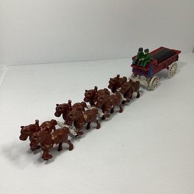 Vintage Cast Iron Clydesdale Drawn Wagon Set, Wagon, 2 Riders, 8 Horses