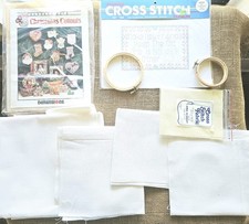 Cross Stitch Supplies Lot, Lots Of Aida Cloth, 2 Hoops, Instruction Patterns