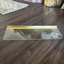 Vintage Brass Glass Shelf Bathrrom Wall Shelf 8”x 24” Long Scalloped NIB