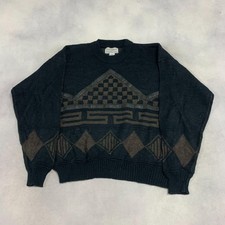 Vintage Abstract Knitted Jumper Patterned Grandad Knit Sweater Men's L