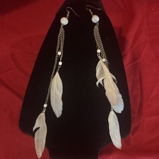 feather earrings lightweight dangle 8" long gold chain tassel metal feather