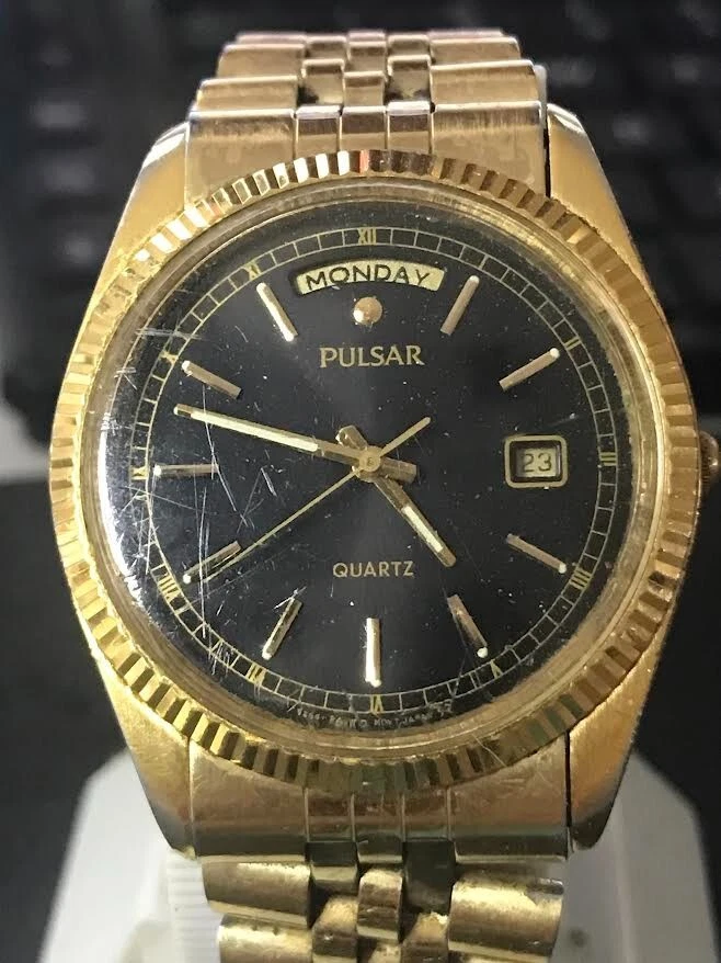 Pulsar By Seiko 36mm Presidential Golden Day-Date Men's Quartz Watch RUN (#1758) - Image 2 of 4