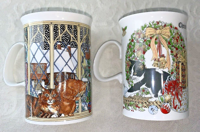 Dunoon Christmas Cats England Bone China Mugs Set Of 2 Designed by Sue Scullard
