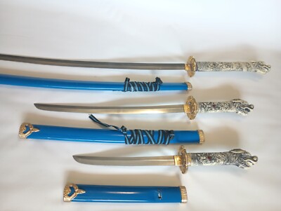 Set of 3 Dragon Handle Ceremonial Japanese Samurai Swords Blue