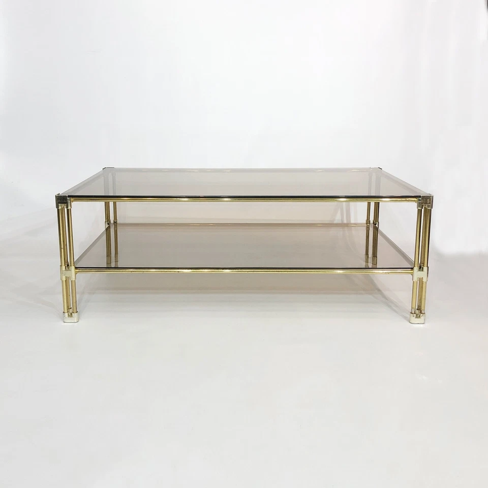 Brass Two-Tiered Coffee Table Hollywood Regency Gold Smoked Glass 1970s Glamour - Image 3 of 4