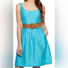 New NINE WEST Aqua Blue Brown Belted Sleeveless A-Line Pleated Dress Size 14