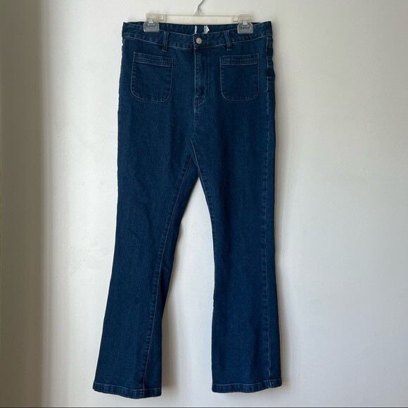 Princess Polly Organic Dalta Mid Rise Dark Wash Denim Flare Jeans 8