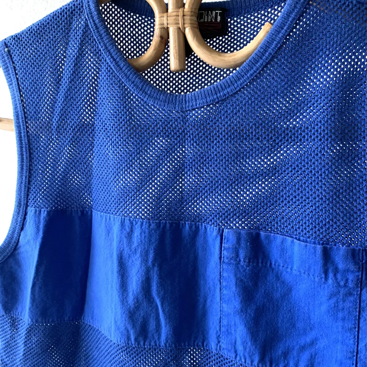 Vintage 70s 80s Knit Mesh Stripe T Shirt Jersey Blue Blank Plain Surf Skate Tank