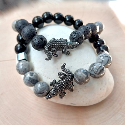 Alligator Bracelet, Crocodile Bracelet, Spirit Animal, Power Totem, Black Onyx