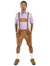 Genuine Leather  German Lederhosen for Men Oktoberfest Outfit Short Length Brown