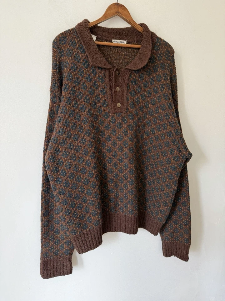 Suéter De Colección Años 90 Giorgio Armani Collezioni Geométrico Diamante Lana Tejido Marrón Largo Foto 2 de 4