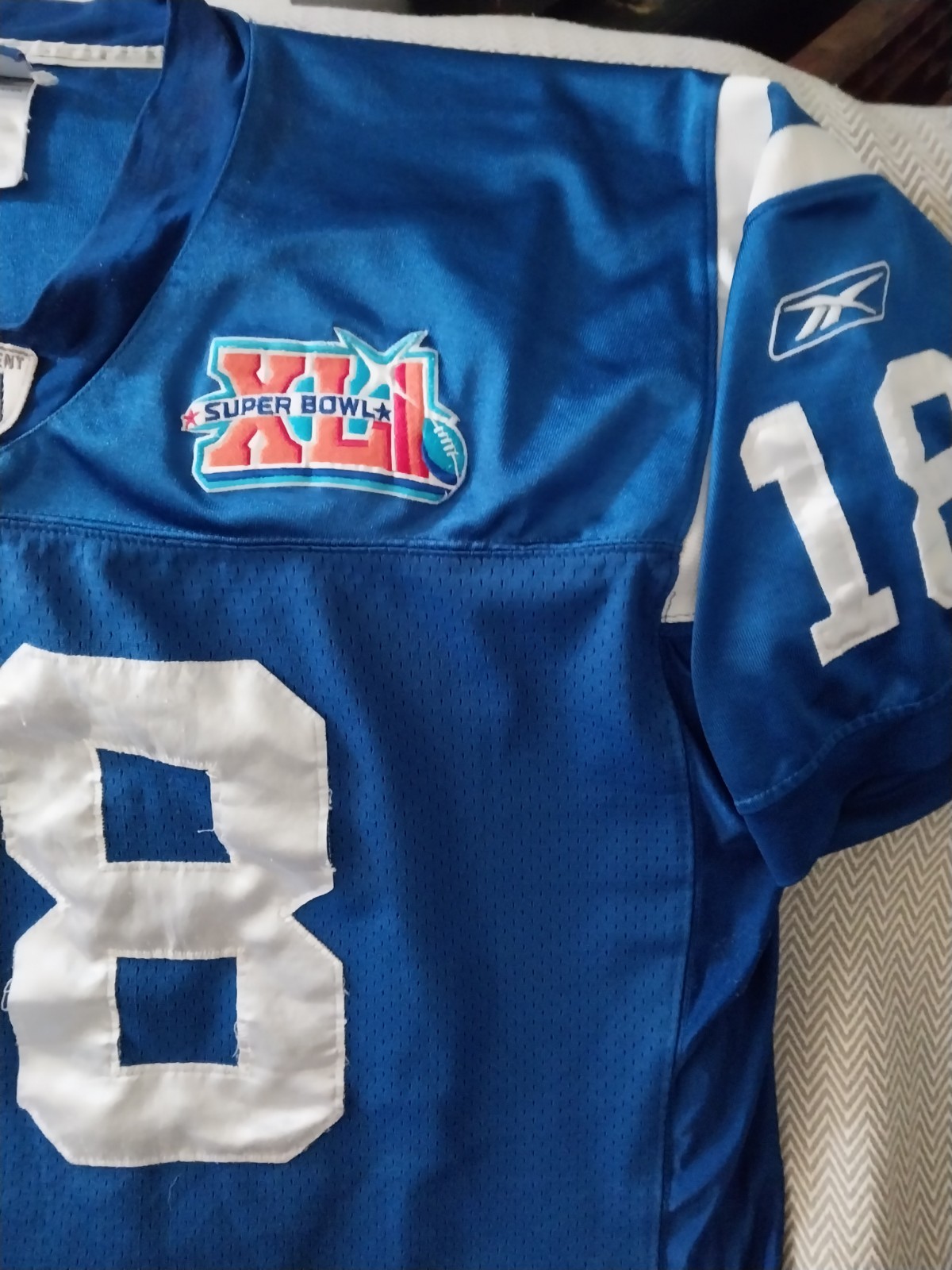 Vintage NFL Super Bowl XLI Manning #18 Jersey Size 54 Tattered Repair See Pics thumbnail 2
