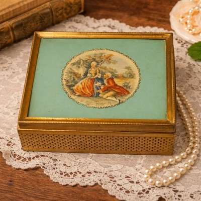 Vintage Jewelry Box - Teal/Gold Romantic Rococo Revival Fabric Lined Raised Tray