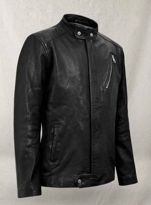 Men's Black Lambskin Leather Jacket Cafe Racer & Zipper Button Detail Style