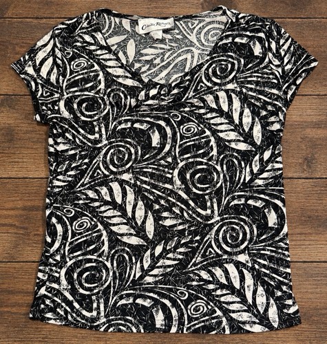 Claudia Richard Women’s Small Black White Abstract Botanical Print Top