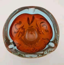 Murano Sommerso Chunky Art Glass Ashtray Dish 6" Stunning Orange Cased in Blue