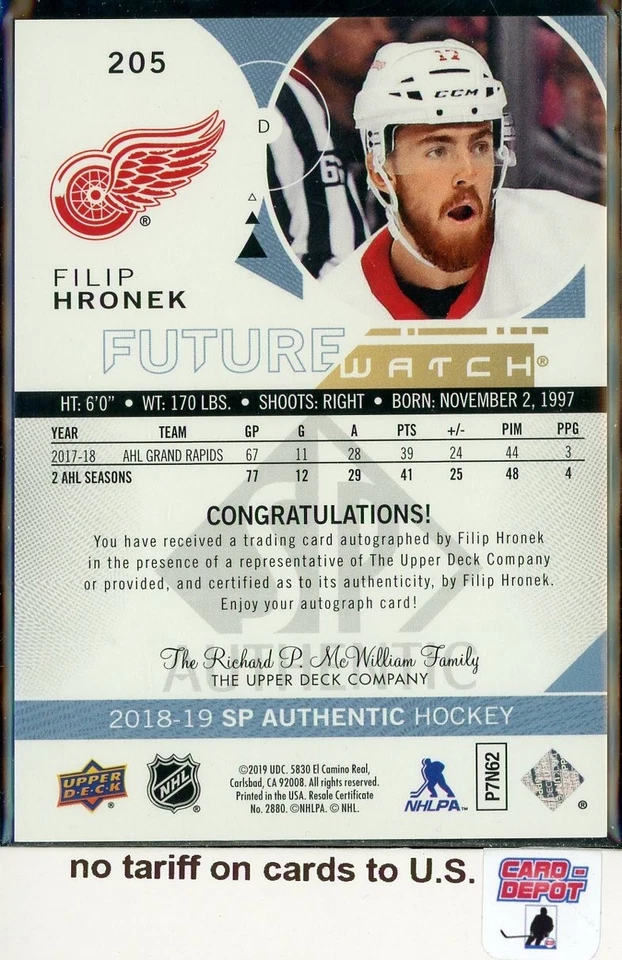 2018-19 SP Authentic Future Watch #205 Filip Hronek Autograph RC 977/999 - Image 2 of 2
