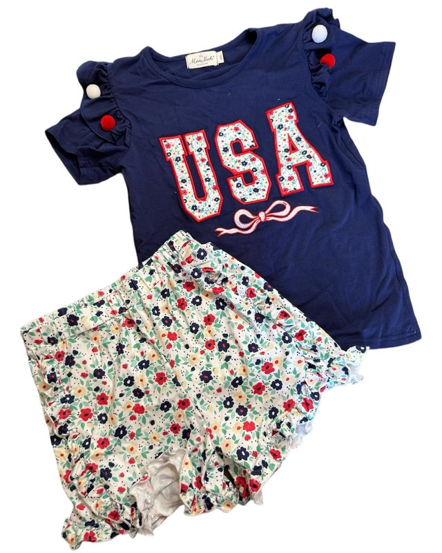 Marie Nicole Girls  7/8, 2pc USA Patriotic Ruffle Top Floral Shorts Set,4th July