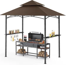 8X5Ft Grill Gazebo - Outdoor BBQ Canopy Shelter with 2 Side Shelves & Double-Tie
