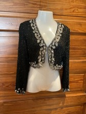 Laurence Kazar Vintage 80s Sequin Beaded Silk Jacket Black Silver Medium M