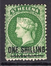 ST HELENA 1864-80 1/- DEEP YELLOW-GREEN FRESH MOUNTED MINT. STANLEY GIBBONS 17.