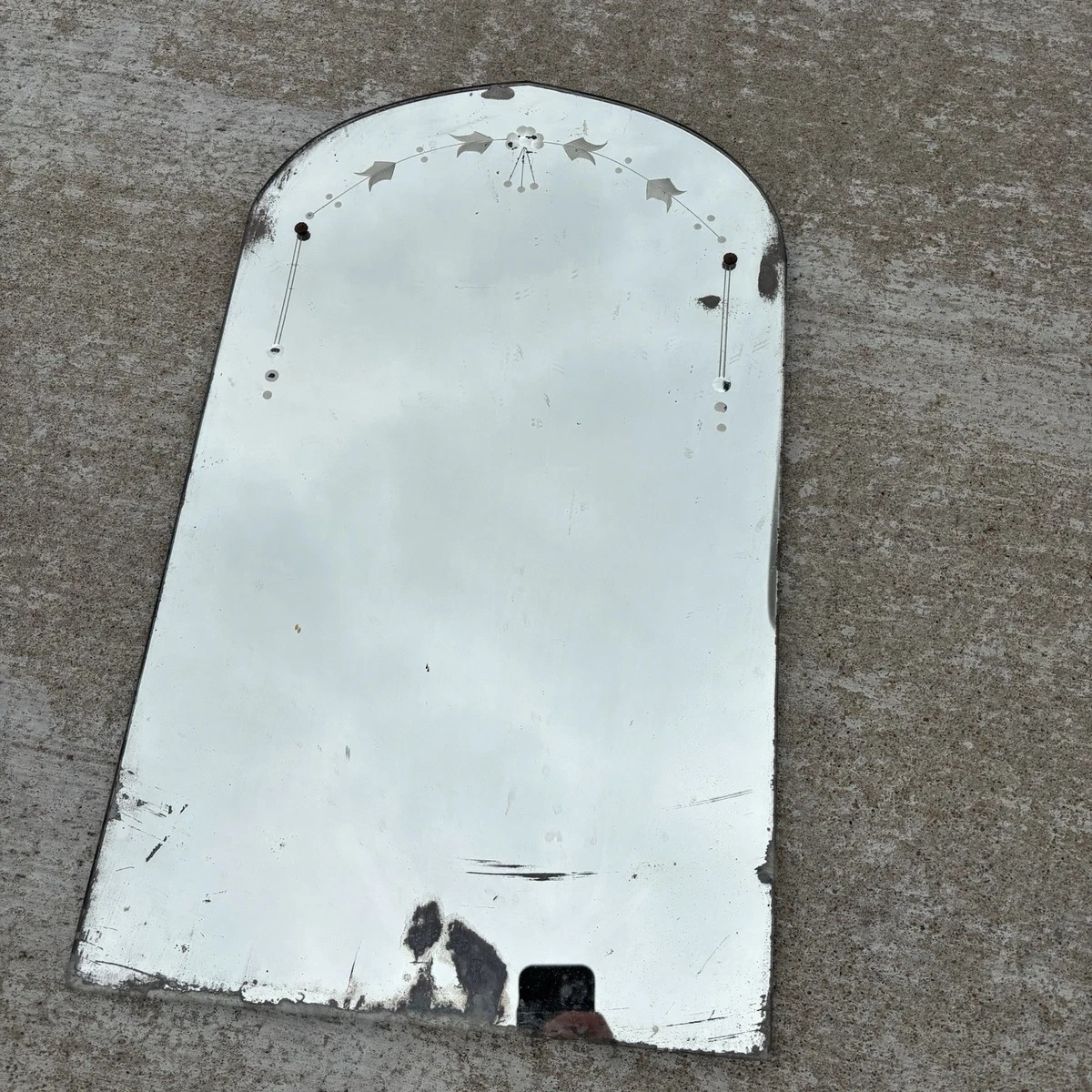 Antique 1930’s Arched Frameless Art Deco Tall Etched Vanity Mirror Vintage