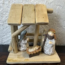 Christmas Nativity Distressed Rustic Wood Creche w/ Baby Jesus Mary And Joseph
