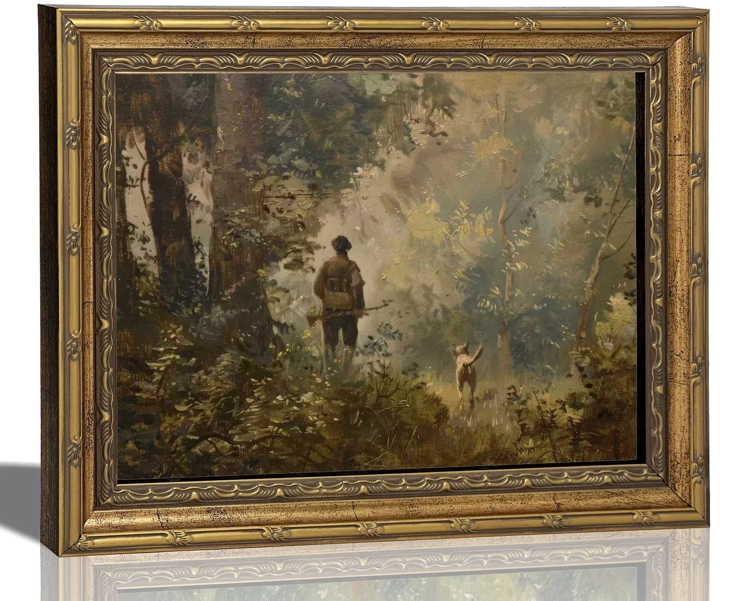 Vintage Gold Frame Hunting Canvas Wall Art Hunter And Dog In The Forest Wall ...