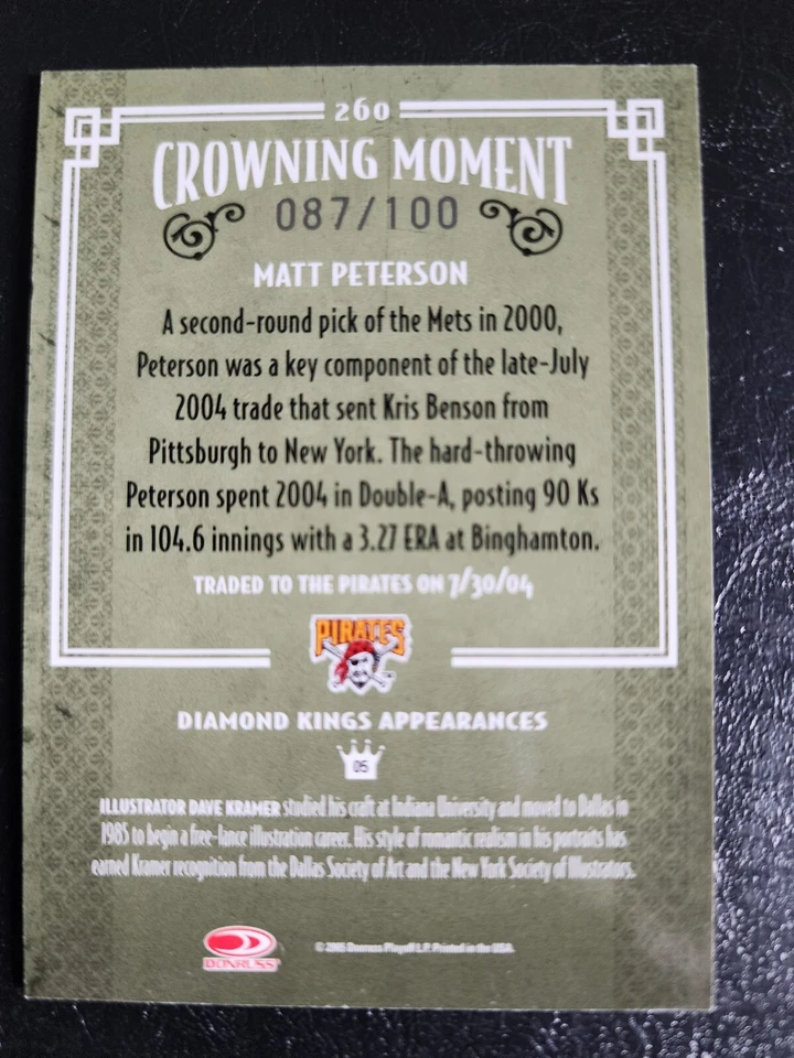 MATT PETERSON 2005 DONRUSS DIAMOND KINGS #260 NEW YORK METS #087/100 - Image 2 of 2