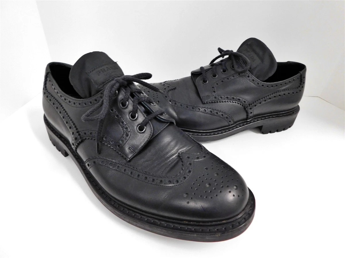 Prada England Men's Black Brogue Leather Wing Tip Shoes RARE US 14 M