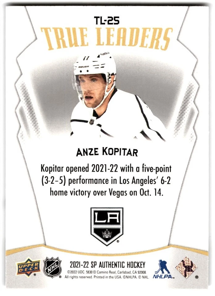 2021-22 SP Authentic True Leaders Anze Kopitar #TL-25 Los Angeles Kings - Image 2 of 2