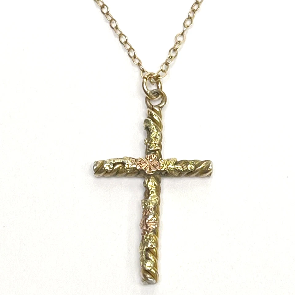 Colgante Cruz Dije Plata de Ley con Pepitas de Oro Amarillo 14k Cadena GF Foto 3 de 4