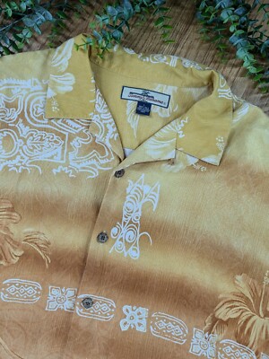 SILK!🌴Tommy Bahama L Shirt Men Short Sleeve Wood Buttons Vacay
