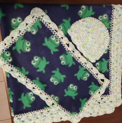 Crochet Trim Baby Blanket - Frog Print fleece with cap and burp cloth