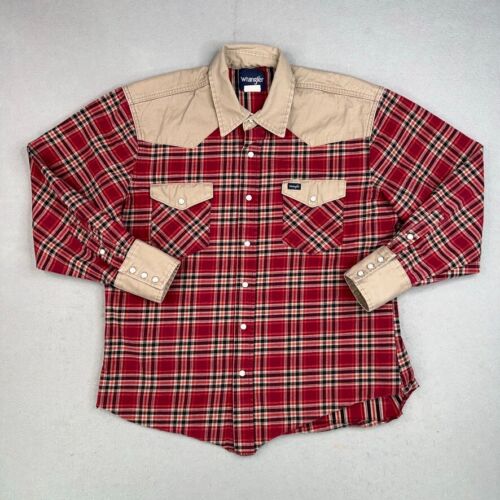 Wrangler Shirt Mens XL Red Beige Plaid Heavy Twill Pearl Snap Country Western