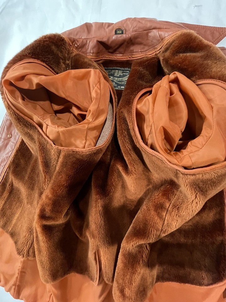 VTG 70s Leather Trench Coat Disco Montgomery Ward SZ 36 R Faux Fur