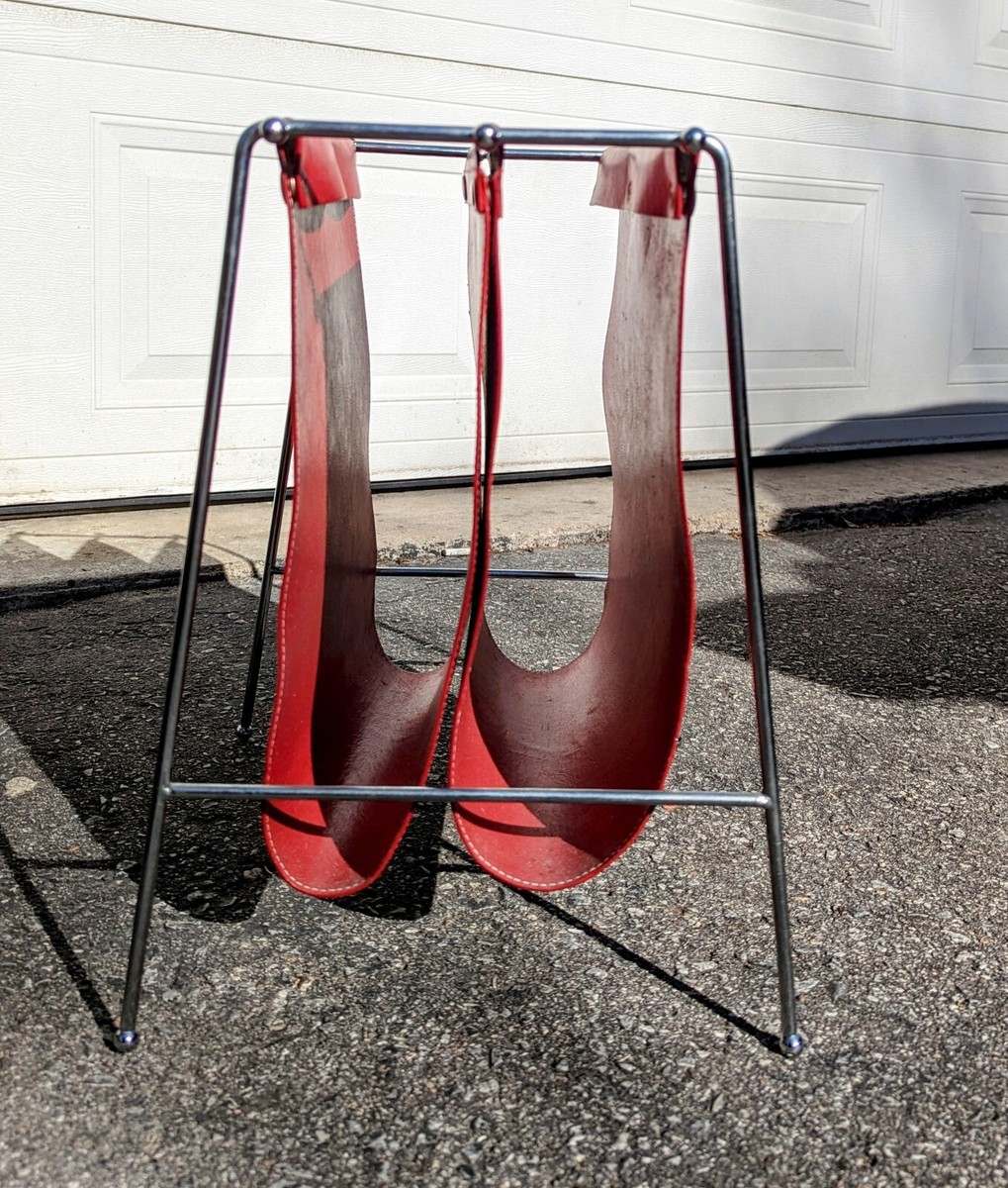 置物 Vintage Postmodern l stand Vintage MCM Postmodern Chrome Magazine Rack RED Leather Sling