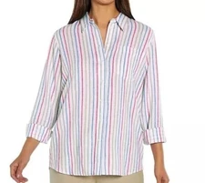 Gap Women's Top S Linen Blend Button Front Long Sleeve Shirt White Striped S