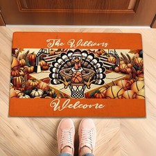 Personalized Name Thanksgiving Doormat, Turkey Basketball Lovers Welcome Doormat