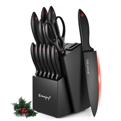 Emojoy 15Pcs Kitchen Knife Set with Block and Built-in Sharpener, Stainless S...