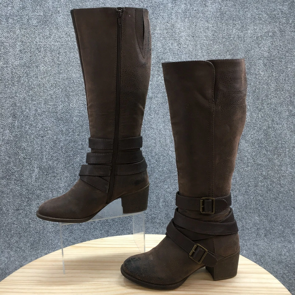 Botas talladas con volantes para mujer 7 M Maddock altas para montar marrón imitación cuero bloque hasta la rodilla Foto 2 de 4